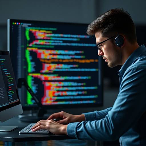 A developer working on a complex web application project, featuring multiple code editors and browser windows.